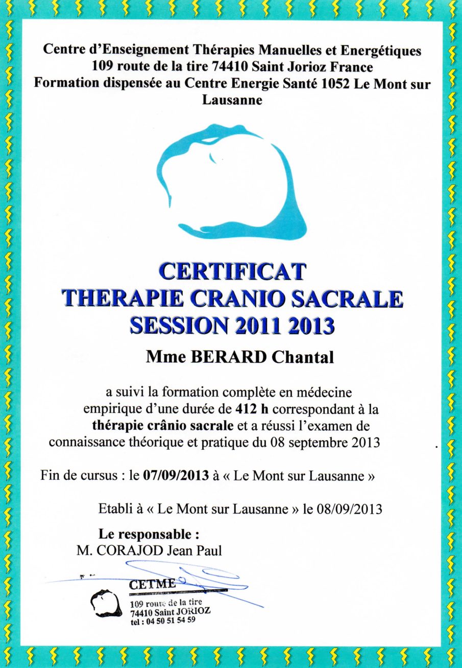 Certificat thérapie cranio sacrale